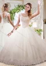 See Through Ball Gowns High Neck Lace Beaded Quinceanera Dress with Zipper Up