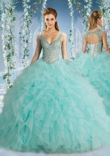 The Super Hot Beaded Decorated Cap Sleeves Quinceanera Dress with Deep V Neck