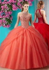Elegant Halter Top Beaded and Applique Sweet Fifteen Dresses in Orange Red