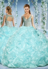 Gorgeous Cap Sleeves Beaded Light Blue Sweet Fifteen Dresses with Deep V Neck