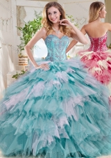 Popular Beaded and Ruffled Big Puffy Sweet 15 Dress in Blue and White