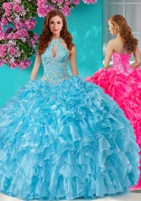 Pretty Beaded and Ruffled Big Puffy Sweet Fifteen Dresses with Halter Top