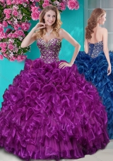 Really Puffy Ruffled and Rhinestoned Beaded Bodice Aqua Blue Quinceanera Gown with Removable Skirt Dress with Blue Beading