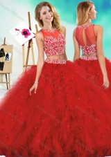 See Through Two Piece Red Quinceanera Dress with Beading and Ruffles