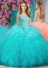 Sophisticated See Through Beaded Scoop Sweet 15 Dress with Ruffles