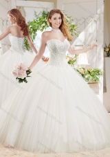 White Ball Gown Sweetheart Court Train Beaded Sweet Fifteen Dress in Tulle