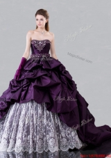Modern Brush Train Beaded and Bubble Sweet 16 Dress in Dark Purple and White