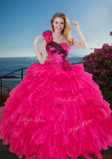 Pretty One Shoulder Quinceanera Gown with Ruffled Layers and Handmade Flowers