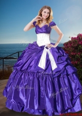 Unique Off the Shoulder Cap Sleeves Sweet 16 Gown with Belt and Bubbles