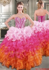 Beautiful Gradient Color Big Puffy Quinceanera Dress with Beading and Ruffles