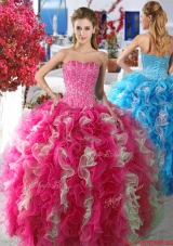 Beautiful Rose Pink and White Organza Sweet 16 Dress with Beading and Ruffles