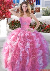Classical Beaded and Ruffled Quinceanera Dress in Rose Pink and White