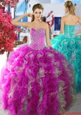 Latest Beaded and Ruffled Fuchsia and White Quinceanera Dress in Organza