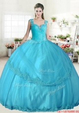 Elegant Straps Aqua Blue Quinceanera Gown with Beading and Appliques