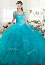 Modest Straps Beaded and Ruffled Turquoise Quinceanera Dress in Tulle
