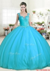 Modest Straps Beaded Aqua Blue Quinceanera Gown with Zipper Up
