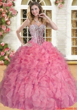 Romantic Organza Beaded and Ruffled  Quinceanera Dress in Coral Red