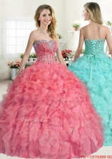 Unique Visible Boning Beaded and Ruffled Coral Red Quinceanera Dress