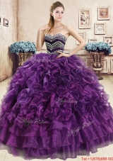 Best Organza Purple Sweet 15 Dress with Beading and Ruffles
