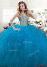 Low Price Really Puffy Beaded and Ruffled Quinceanera Dress in Blue