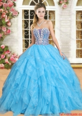 Unique Organza Beaded Bodice and Ruffled Sweet 16 Dress in Aquamarine