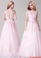 Comfortable V Neck Baby Pink Evening Dress with Appliques and Belt