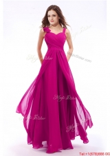 Hot Sale Straps Hand Made Flowers Fuchsia Evening Dress in Floor Length