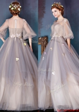 See Through Scoop Half Sleeves Applique Evening Dress in Grey