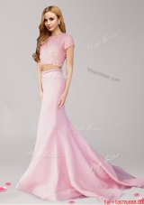 Two Piece Scoop Beaded Short Sleeves Pink Evening Dress with Beading
