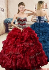 Perfect Beaded and Ruffled Wine Red Quinceanera Dress in Organza