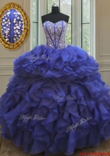 Elegant Visible Boning Beaded Bodice and Ruffled Quinceanera Dress in Royal Blue