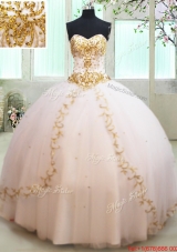 Luxurious Tulle White Quinceanera Dress with Gold Beading and Appliques