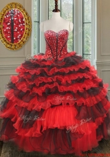 Most Popular Beaded and Ruffled Layers Quinceanera Dress in Red and Black