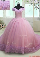 Off The Shoulder Lilac and Rose Pink Quinceanera Dress in Rolling Flowers and Tulle