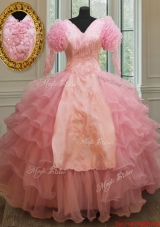 Cheap V Neck Embroideried and Ruffled Layers Quinceanera Dress in Baby Pink