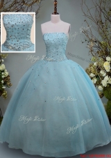 Discount Big Puffy Aquamarine Strapless Quinceanera Gown with Beading