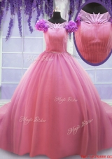 New Style Beaded Scoop Cap Sleeves Rose Pink Quinceanera Dress with Court Train