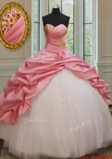 Perfect Beaded and Bubble Watermelon and White Quinceanera Dress in Taffeta and Tulle