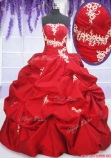 Romantic Puffy Skirt Red Sweet 15 Dress with Appliques and Pick Ups