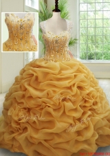 Visible Boning See Through Back Brush Train Beaded Quinceanera Dress in Gold