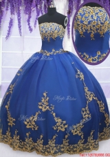 Low Price Strapless Zipper Up Blue Quinceanera Gown with Gold Appliques