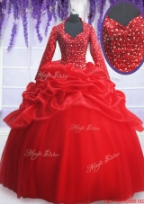 Elegant Beaded and Sequined Zipper Up Quinceanera Dress with Long Sleeves