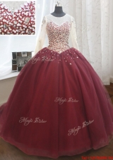 Elegant See Through Scoop Brush Train Quinceanera Dress with Long Sleeves