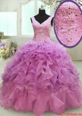 Gorgeous Big Puffy V Neck Beaded and Ruffled Quinceanera Dress in Organza