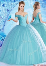 Lovely Off the Shoulder Aqua Blue Quinceanera Dress with Beading