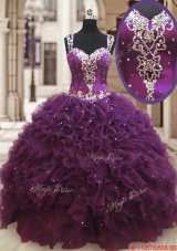 Lovely See Through Back Straps Zipper Up Dark Purple Quinceanera Dress