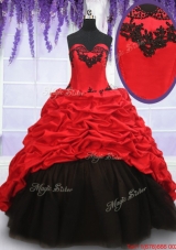 Top Seller Brush Train Red and Black Quinceanera Dress in Organza and Taffeta