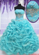 Top Seller Strapless Aquamarine Quinceanera Dress with Beading and Pick Ups