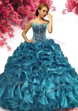Affordable Teal Organza Quinceanera Dress with Beading and Ruffles