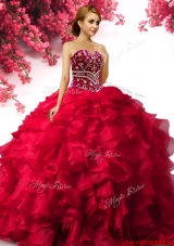Modest Big Puffy Red Quinceanera Dress with Ruffles and Beading